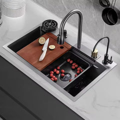 Kitchen Sink with ANTI SCRATCH DESIGN Integrated Waterfall and Pull-down Faucet Set Stainless Steel Sink with Cup washer, Drain Baskets & Chopping Board, Black, Mat Finish