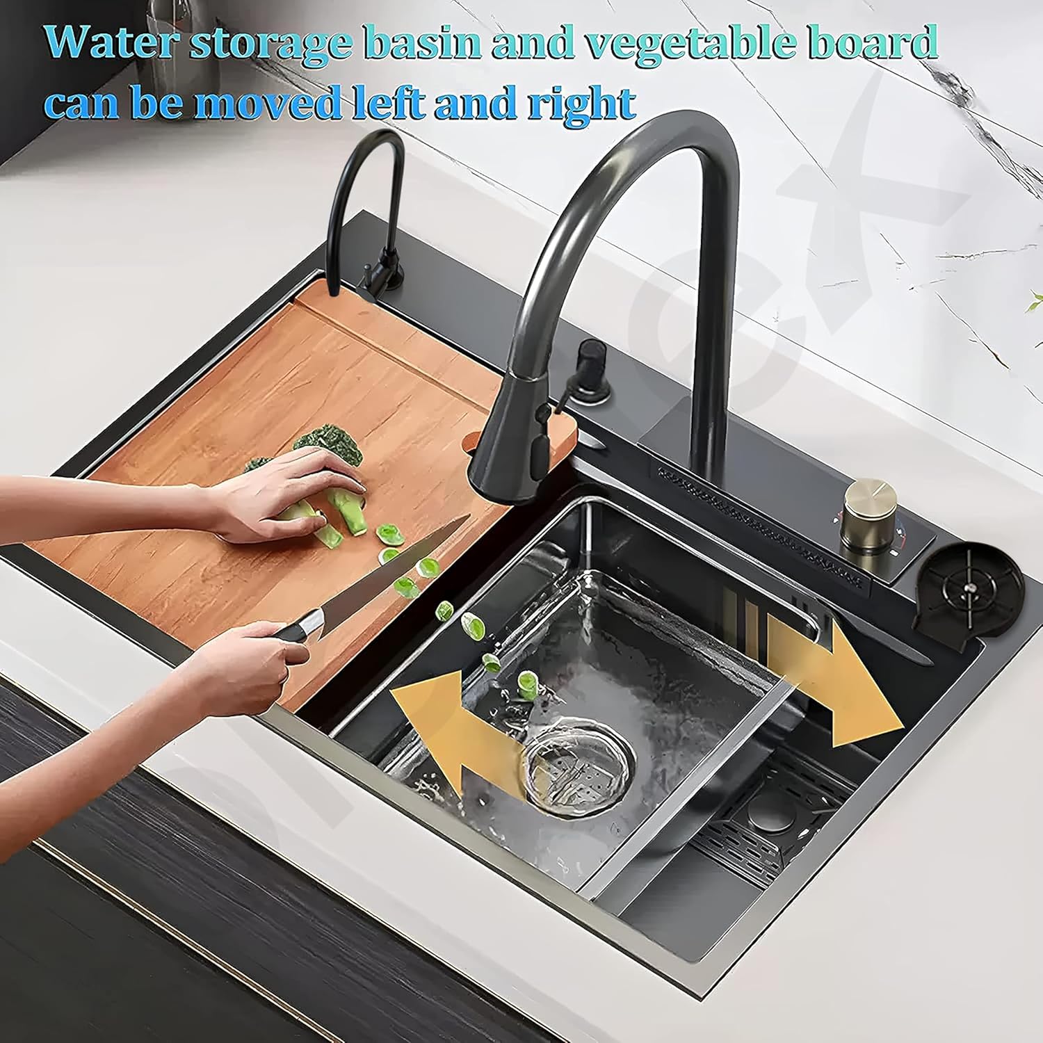 Kitchen Sink with ANTI SCRATCH DESIGN Integrated Waterfall and Pull-down Faucet Set Stainless Steel Sink with Cup washer, Drain Baskets & Chopping Board, Black, Mat Finish