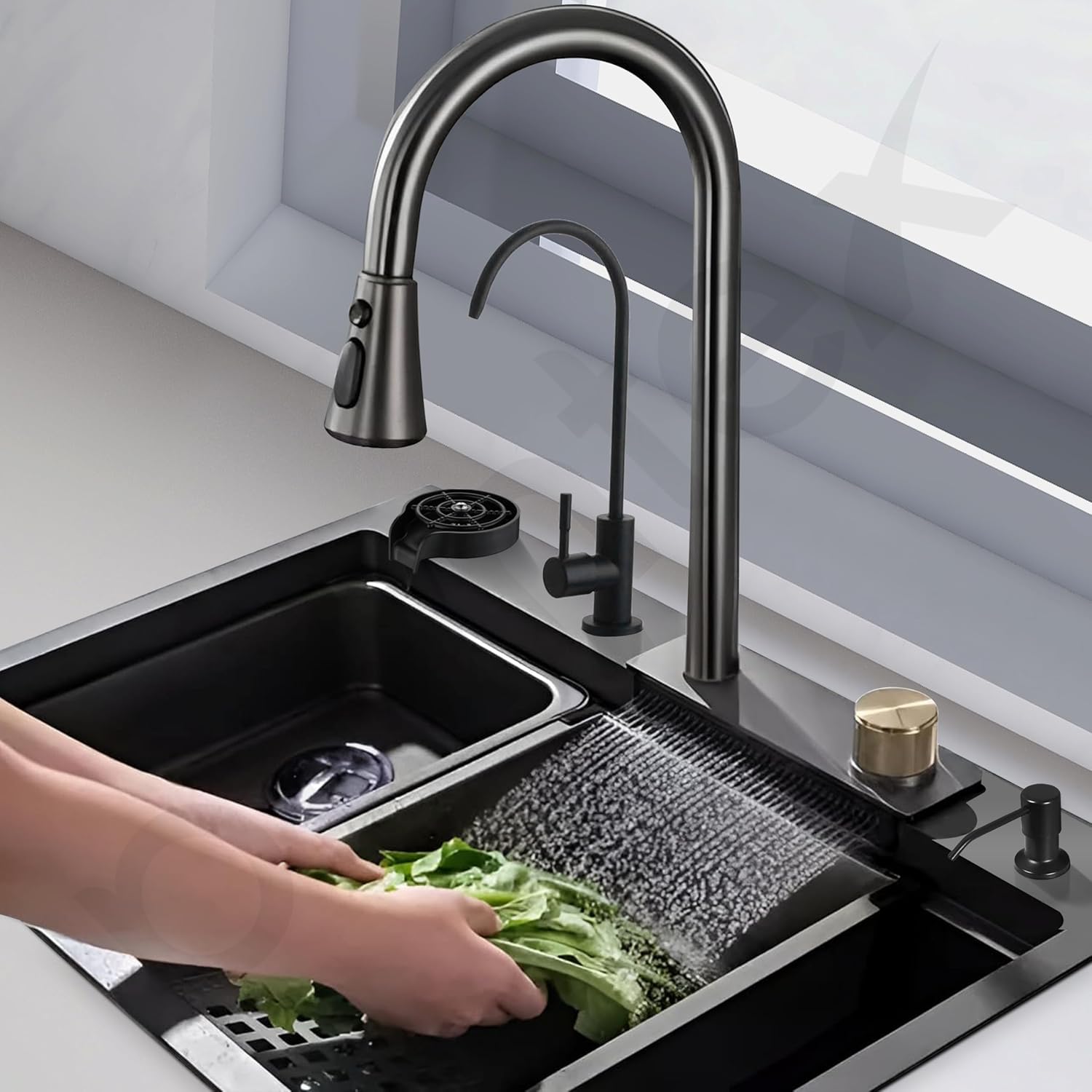 Kitchen Sink with ANTI SCRATCH DESIGN Integrated Waterfall and Pull-down Faucet Set Stainless Steel Sink with Cup washer, Drain Baskets & Chopping Board, Black, Mat Finish