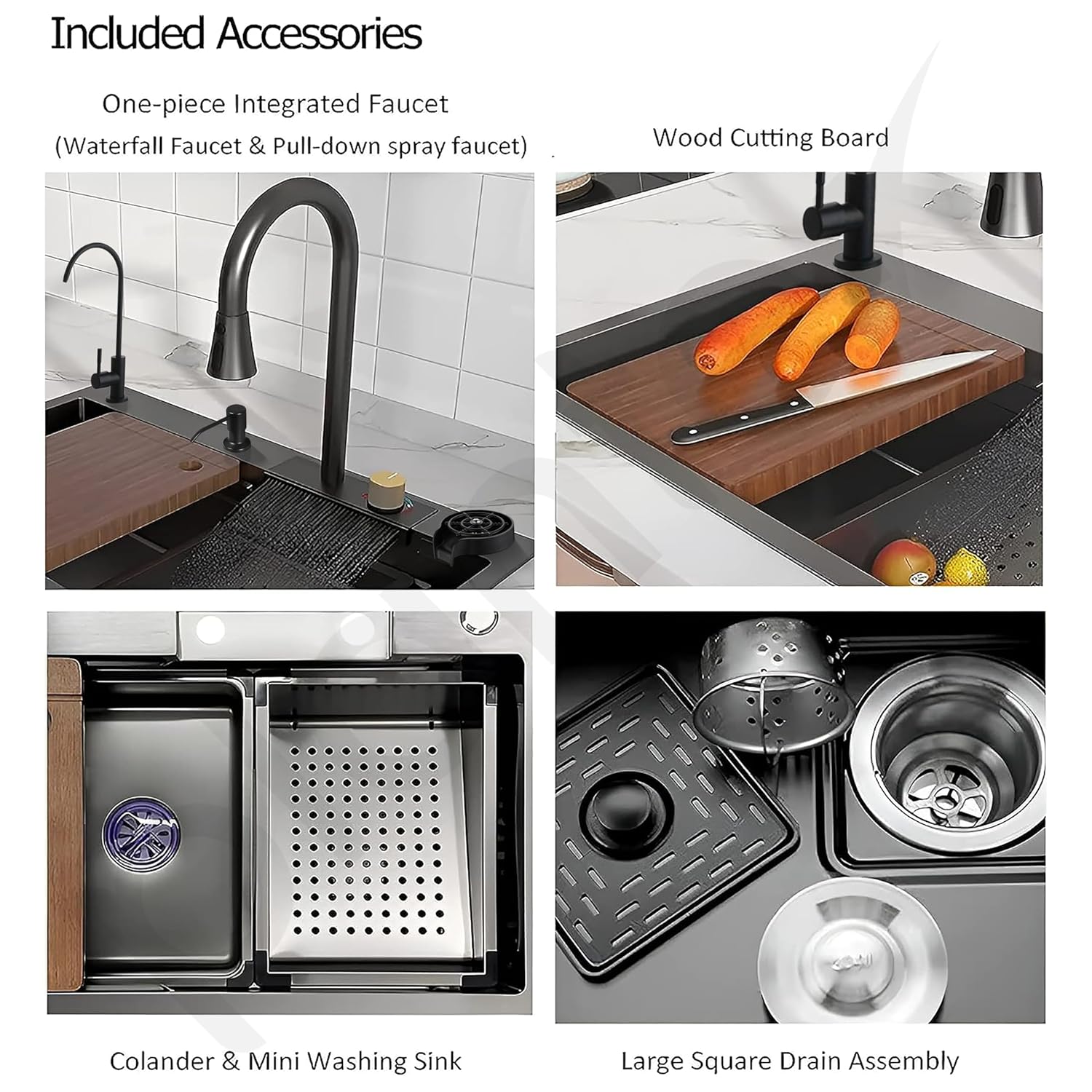 Kitchen Sink with ANTI SCRATCH DESIGN Integrated Waterfall and Pull-down Faucet Set Stainless Steel Sink with Cup washer, Drain Baskets & Chopping Board, Black, Mat Finish